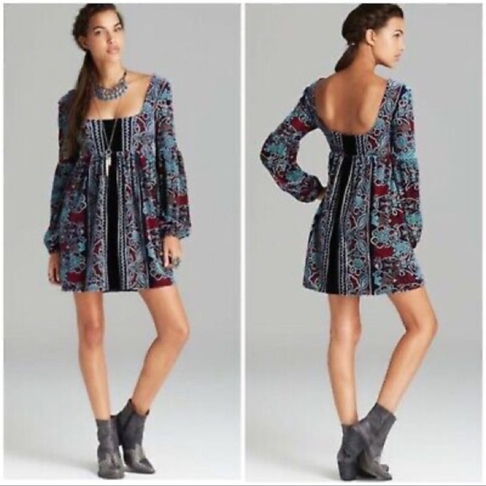 Free People Oh So Easy Babydoll Dress Blue Velvet XS Puff Sleeve Renaissance - Picture 2 of 7